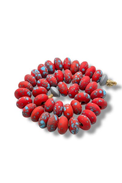 Selvi Konsept El Yapımı Terrazzo Mat Rondela Kırmızı-Turkuaz Cam Boncuk 12x7 ...