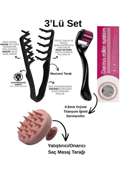 Lusso Shopping مشط معجزة 0.5 مم ديرارولر ومشط تدليك الشعر مجموعة من 3 قطع