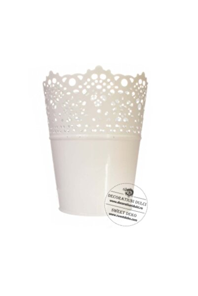 Decoratiuni Dulci Ghiveci metalic decorativ, alb dantelat