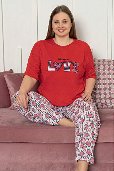 Farya Home Large Size Cotton Patterned Short Sleeve Pajama Set