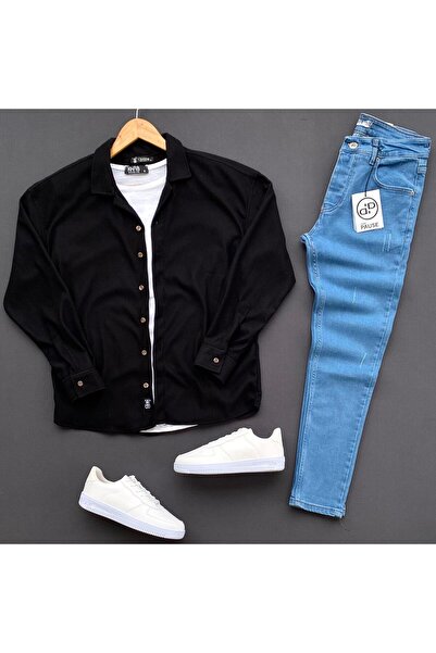 THEGENTMAN Ribbed Knitted Shirt T-Shirt and Slimfit Jeans Pants Set Men