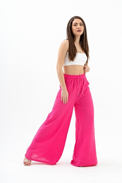VELİZADE Women's High Waisted Fuchsia Elastic Waist Wide Leg Straight Viscose...