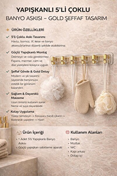MEMİTA Yapışkanlı 5’li Şeffaf Gold Banyo Askısı Güçlü Montaj Duvar Askılığı