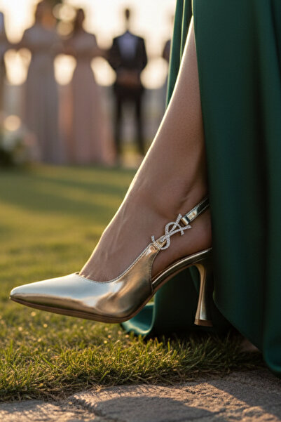 Moira Shoes Women's Shiny Gold Color Stoned Gold Buckle Goblet Heeled Open Ba...