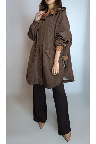 oyagüler Women's Aci Brown Striped Lined Hooded Raincoat Windbreaker Trench C...