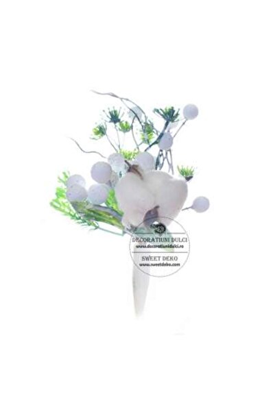 Decoratiuni Dulci Topper decor bobite albe, bumbac si frunza de vasc