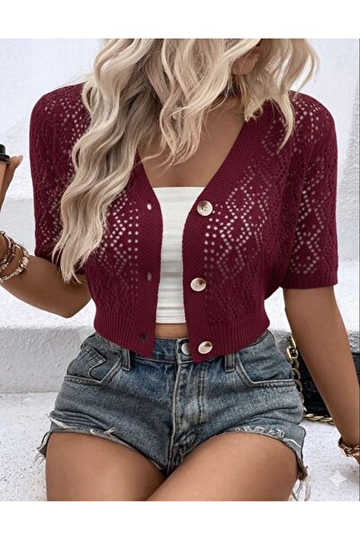 MODA MHE Women's Crop Openwork Buttoned Knitwear Cardigan Short Sleeve V-Neck...