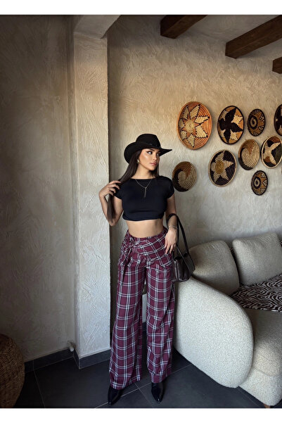 mekabutik Bordo Beli Fularlı Tailored Fit Pantolon