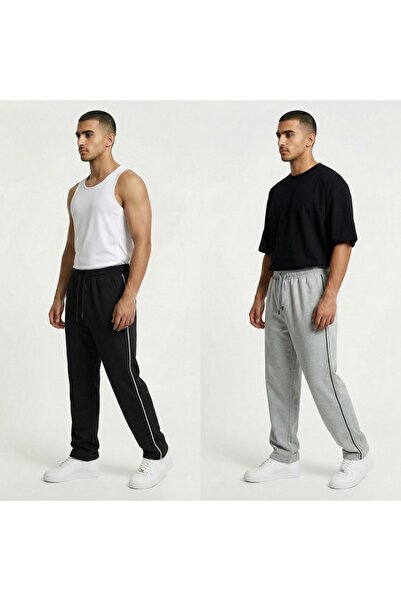 TKT 2-Piece Black Gray Color Side-Piped Baggy Sweatpants Comfortable Fit