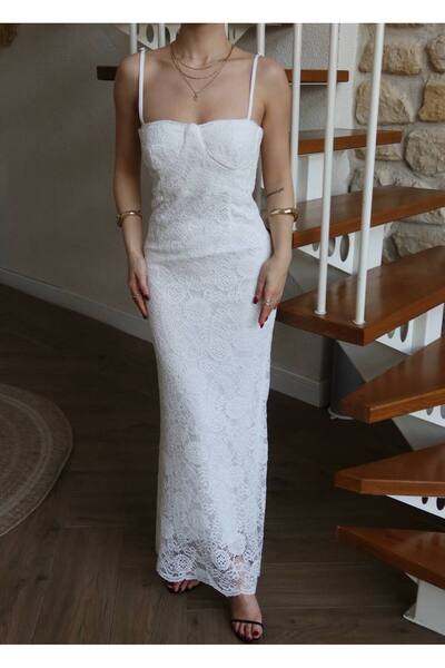 asyadabutik Women's Rope Strap Lace Long Fit Dress