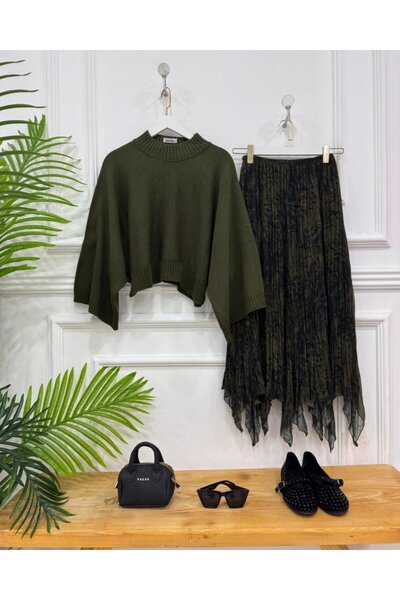 onix İzinaz Dual Combination Khaki Sweater, Khaki Skirt