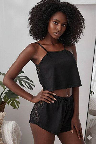 ZAYAHOMEWEAR Kadın Siyah Arkası Komple Dantel Şortlu Gecelik Takım