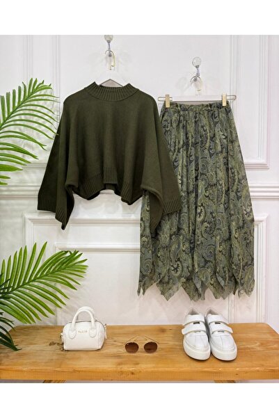 onix Rivina Double Combination Khaki Sweater, Khaki Skirt