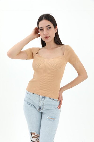 VELİZADE Women's Brown Heart Collar Short Sleeve Fitted/Flex Fit Stylish Knit...