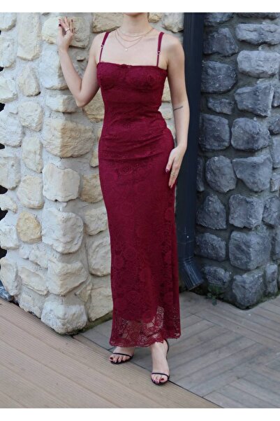 asyadabutik Women's Rope Strap Lace Long Fit Dress