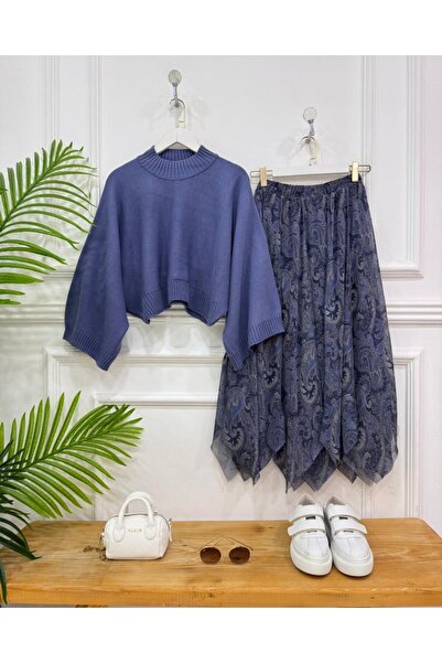 onix Rivina Double Combination Blue Sweater, Blue Skirt