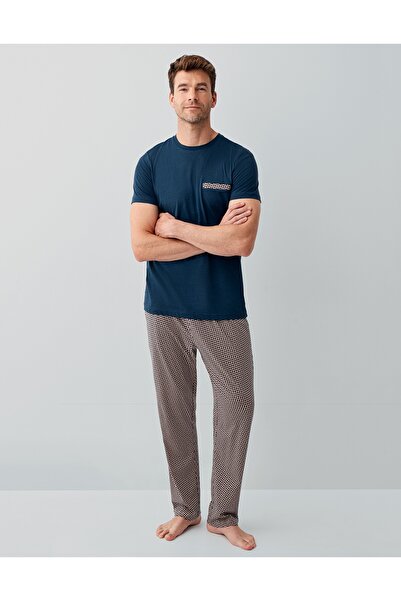 Arnetta Men's Cotton Short Sleeve Long Pajama Set with Pocket Detail