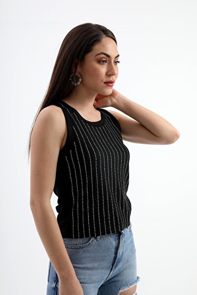 VELİZADE Women's Black Crew Neck Knitted Cotton Stylish Stone Embroidered Sle...