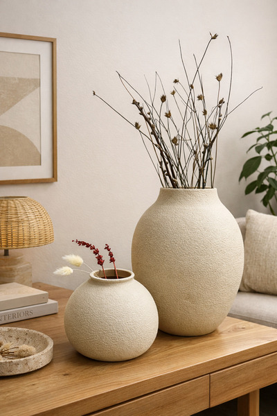 NORELUX İkili Dekoratif Vazo Seti – NOVA & TERRA Doğal Dokulu Modern Minimal ...