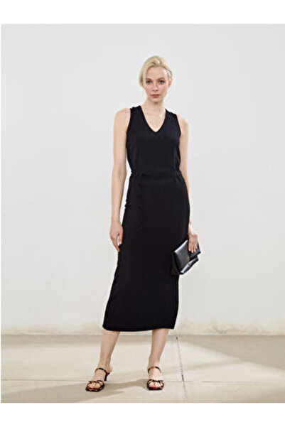 LC Waikiki Modanova Sezon Claret Red V-Neck Textured Belted Dress