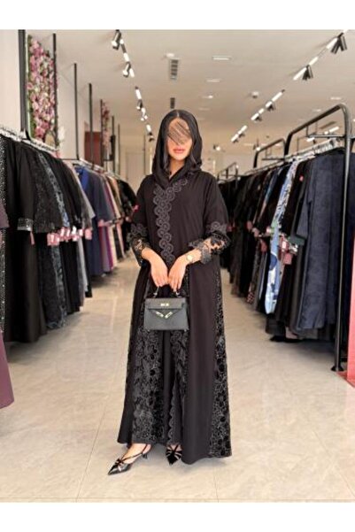 dar laha abaya Abaya D 884 - Royal Crepe Fabric with Lace Flare - Black