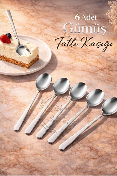 Kitchen Beauty 6 Adet Lüx Paslanmaz Çelik Kaşık Gümüş Uzun Saplı Yuvarlak Tat...