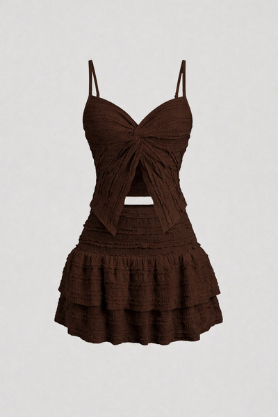 poswicon Ruffled Alaçatı Sitili Strap Blouse and Layered Mini Shorts Skirt Set