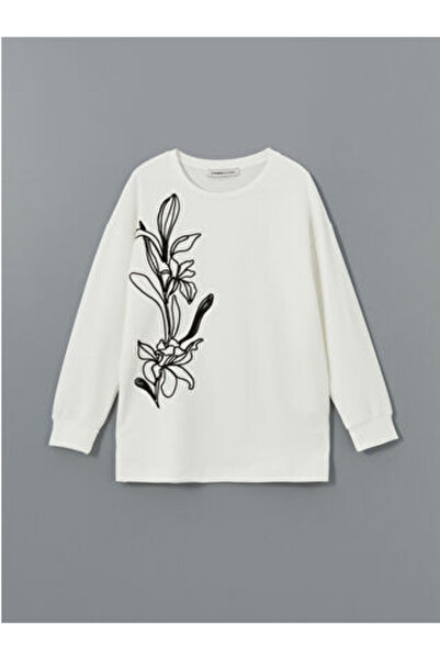 LC Waikiki Modanova Sezon Ecru Crew Neck Printed Oversized Women's Tunic