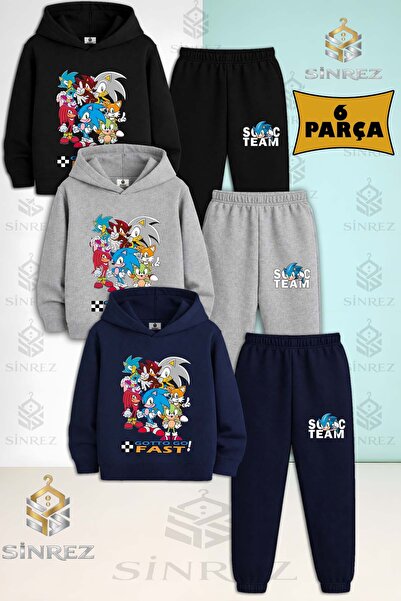 SİNREZ Children's Unisex Sonic Gotto Fast Coklu 3-Piece Hooded Tracksuit Set