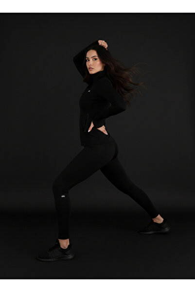 Butik Women's Black Zippered Fingerless Jacket Leggings Double Set