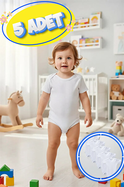 candar Large Size 5-Piece Short Sleeve Bodysuit White – Cotton, Snap Fastener...