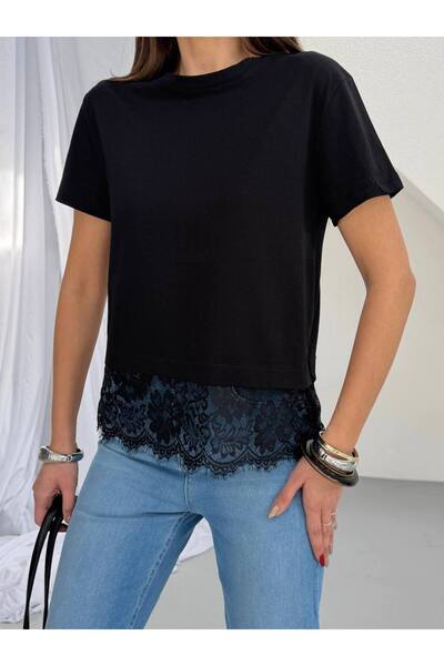 BE CHİC Women's Circular Neck Short Sleeve Lace Gepure Detail Plain Basic T-S...