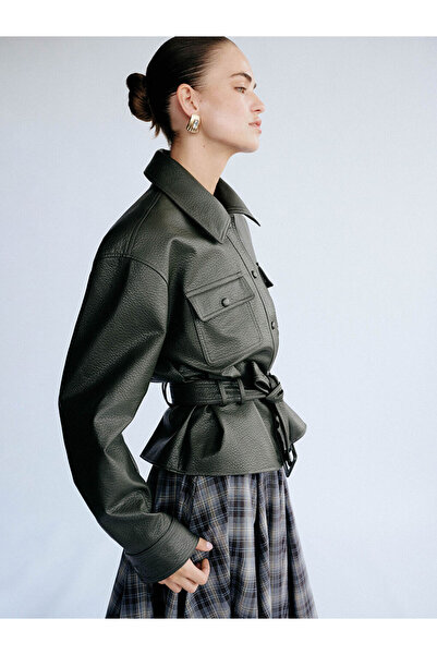 LCW STEPS Lcw Studio Khaki Shirt Collar Belted Women's Leather Look Jacket