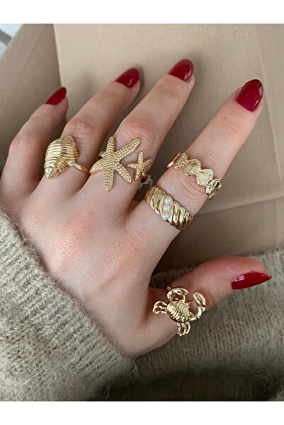 Pinery Jewels İri Renkli Taşlı Altın Kaplama Çoklu Yüzük Seti