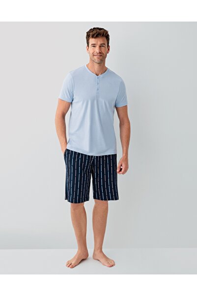 Arnetta Men's Cotton Short Sleeve Buttoned Striped Bermuda Pajama Set