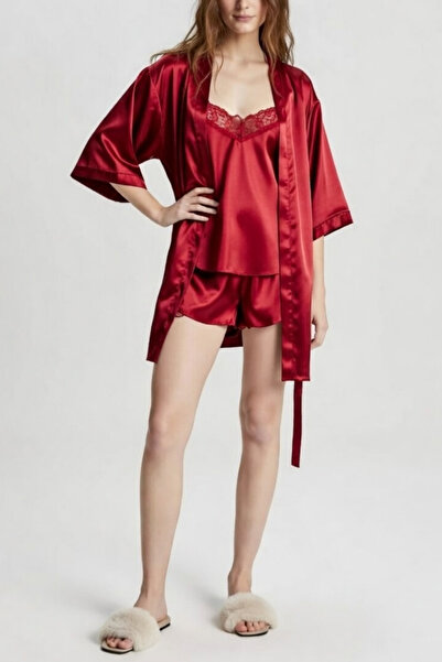 ZENCHES Women's Red 3-Piece Satin Set - Lace Nightgown, Shorts, and Robe Set