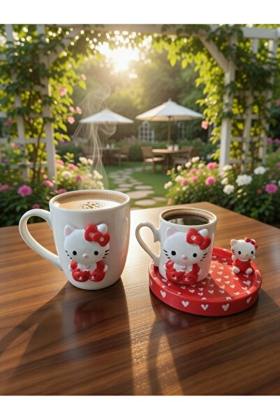 RivelCandle Hello Kitty kırmızı Figürlü kupa ve türk kahvesi seti (1 kişilik )