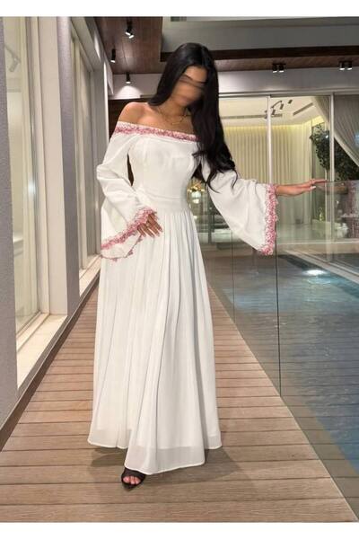 Bamah Long white off-shoulder dress with pink embroidery