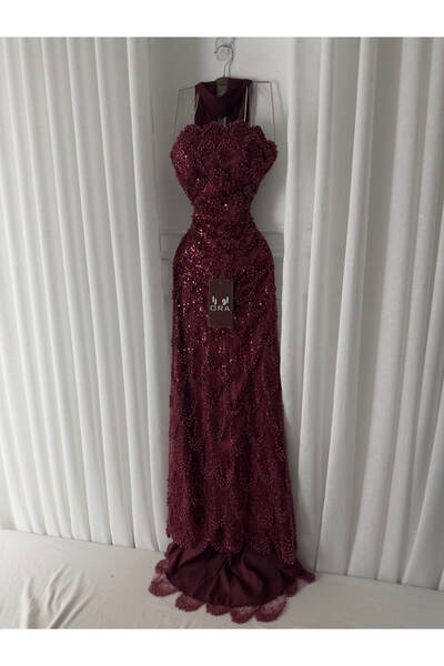 Ora Burgundy embroidered evening dress