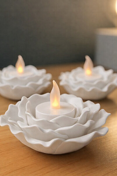 HyperDesign 3’lü Gül Şeklinde Mumluk Seti – Dekoratif LED Tealight Mumluk