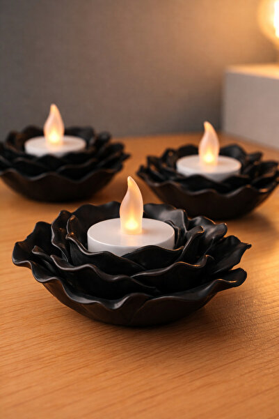 HyperDesign 3’lü Gül Şeklinde Mumluk Seti – Dekoratif LED Tealight Mumluk