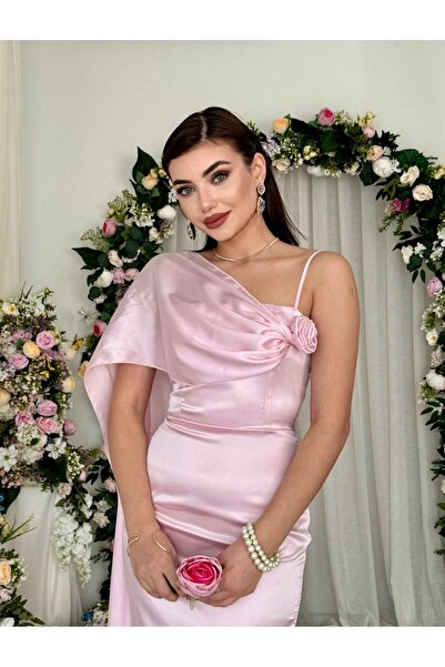 Dilek Vardar Powder One Shoulder Rose Detailed Satin Long Evening Dress