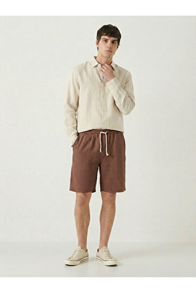 TKT Men's Brown 100% Cotton Linen Muslin Shorts with Back Pockets, Full Fit