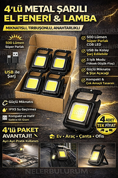 nelerbulurum 4 ADET ŞARJLI 3 MODLU 800 LÜMEN 6 WATT TİRBUŞONLU MIKNATISLI ANA...