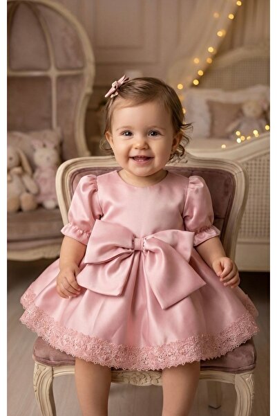 MASSIBEBE Elegant Pink Satin Dress and Headband Set, Oversized Bow, Occasion ...