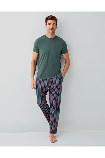 Arnetta Ανδρικό σετ πιτζάμες από βαμβάκι με κοντό μανίκι κόκκινο/πράσινο ριγέ