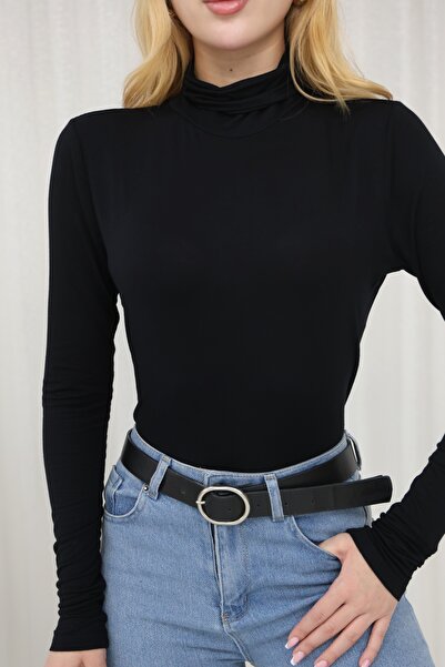 GRODYT Black Turtleneck Long Sleeve Hijab Body Basic Blouse Stretchy Fabric S...