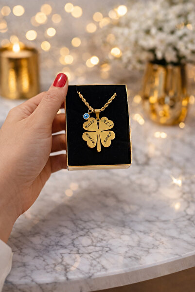 Gulsah's Store Çelik gold -İSİMLİ- kişiye özel 4 yapraklı yonca mavi boncuk d...