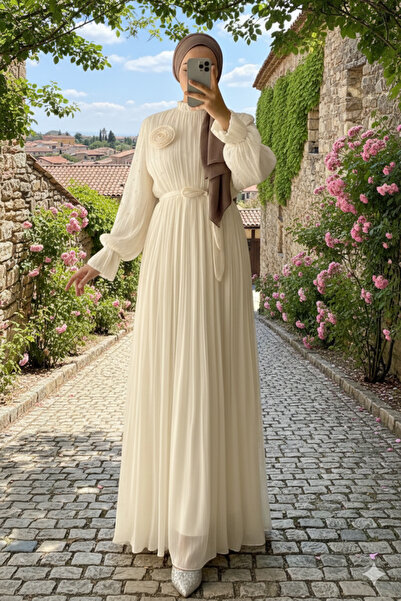 bellura Kolu Lastikli Gül Broşlu Kemerli Şifon Abiye