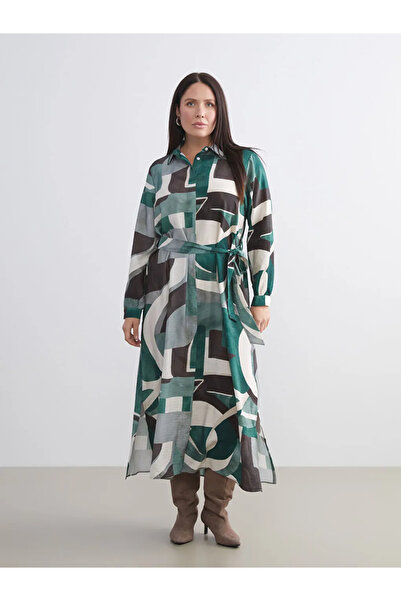 LC Waikiki Rochie cămașă cu model cu curea verde